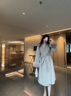 气质袖口可拆卸狐狸毛羊毛大衣