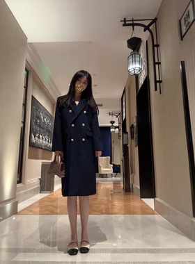 Sin boutique藏青色大衣女气质西装毛呢外套英伦风中长款大衣新款