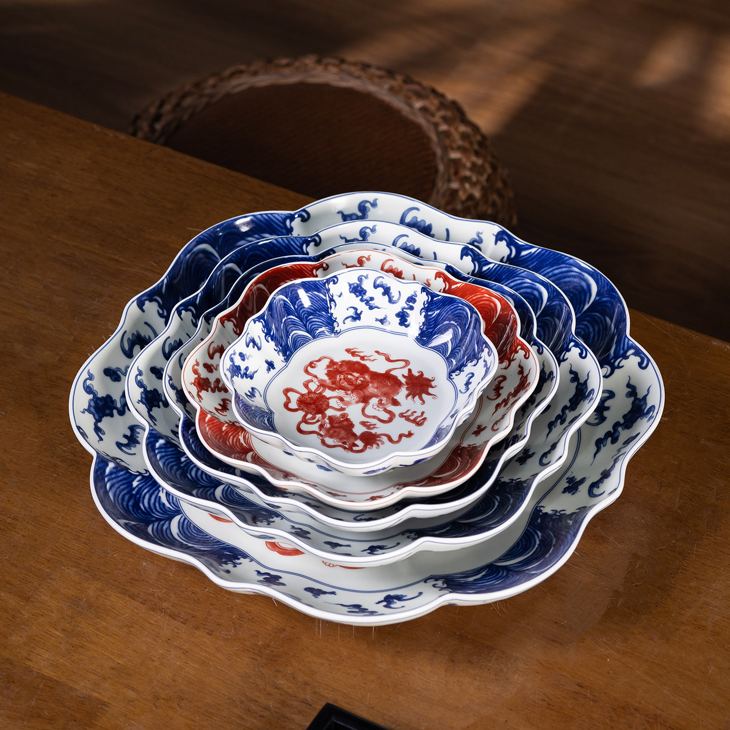 新京熹同款景德镇青花海浪纹正方盘牛肉虾滑盘特色火锅店陶瓷餐具