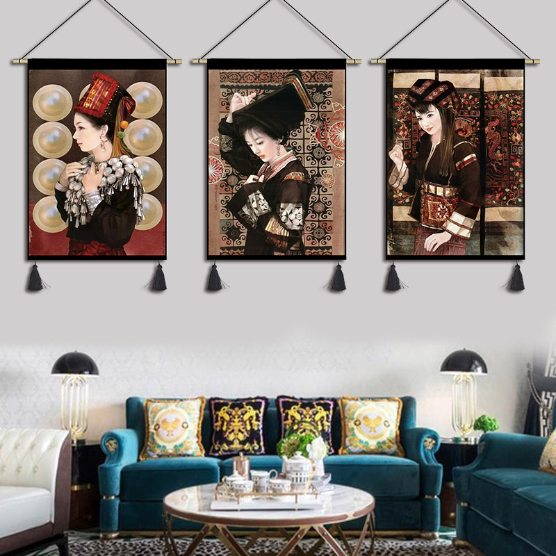云南少数民族挂画少女油画挂毯人物肖像装饰画客厅卧室壁画民宿画图片