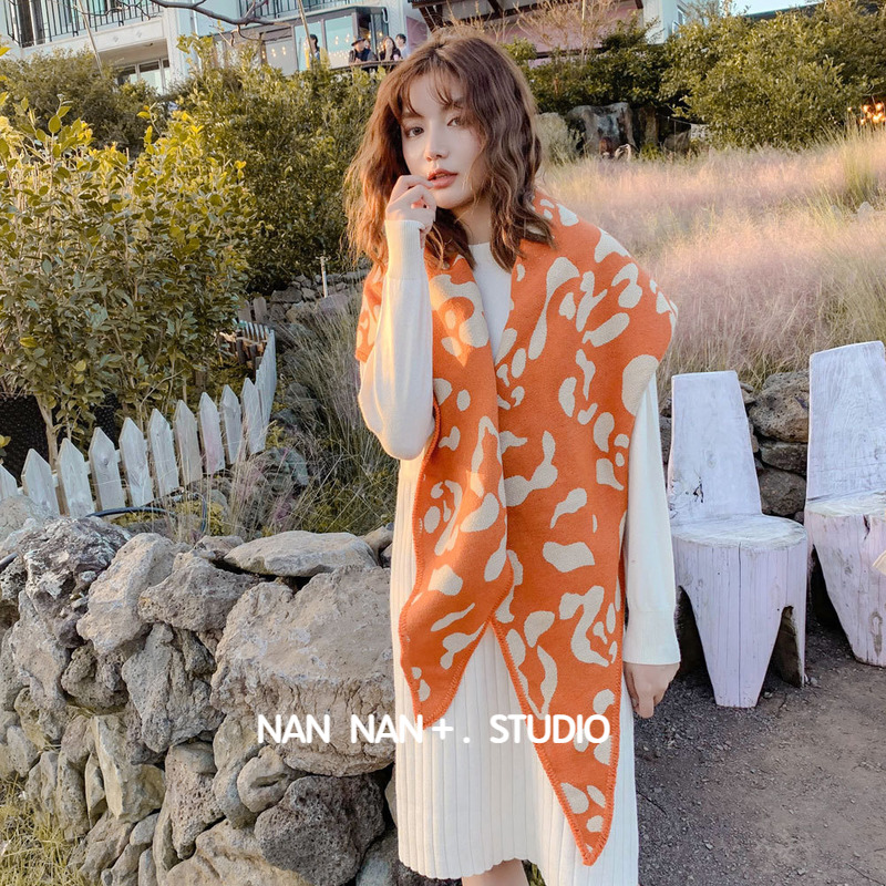 韩版豹纹印花大菱形针织围巾披风女秋冬长款大披肩气质围脖双面潮
