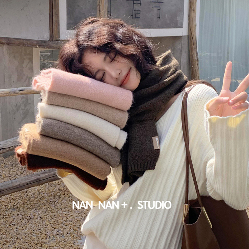 纯色DD字母标含羊毛针织围巾情侣秋冬百搭简约短款窄版毛线围脖女