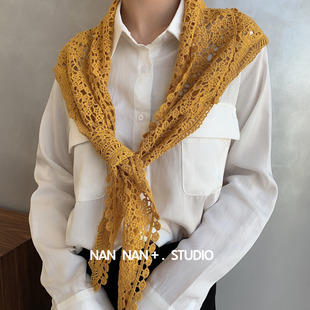 复古气质棉线钩花三角巾女镂空蕾丝太阳花边薄款 饰潮 外搭小披肩装