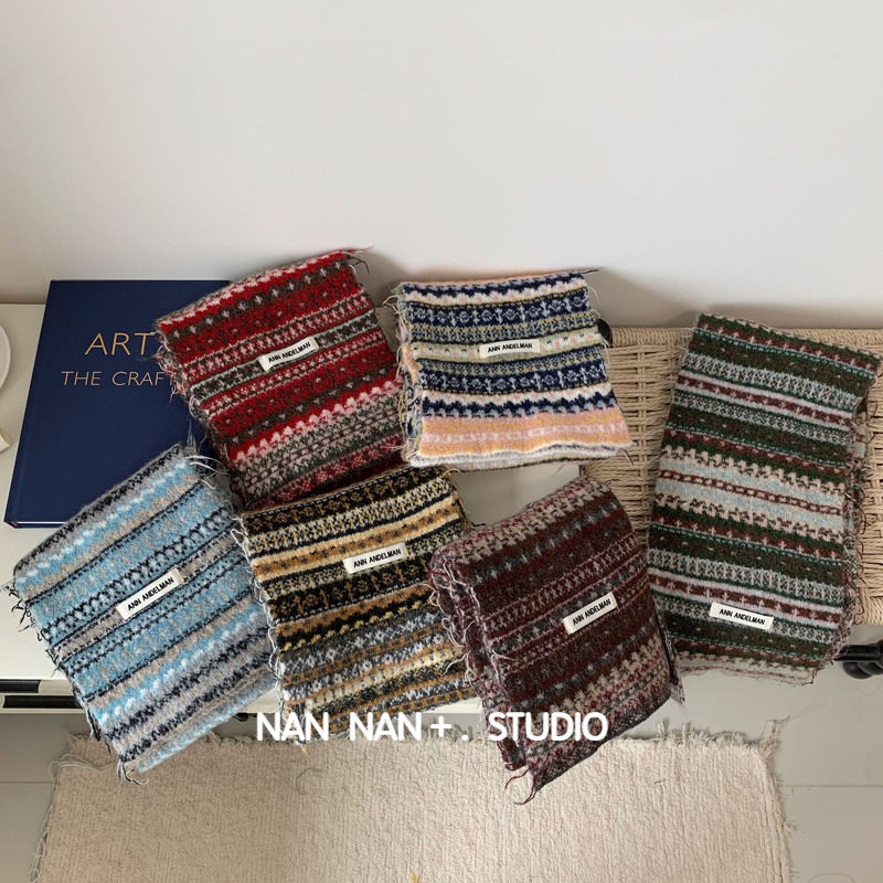 韩版复古撞色羊毛混纺围巾女冬费尔岛民族风毛须窄版针织毛线围脖,服饰配件/皮带/帽子/围巾,围巾/丝巾/披肩,淘宝优惠券,粉丝福利购,淘宝优惠卷