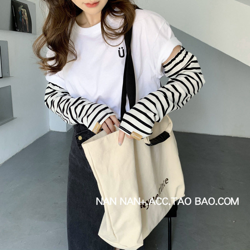 微宽松棉质条纹袖套女弹力开车防晒套指护手臂百搭装饰叠穿假袖子