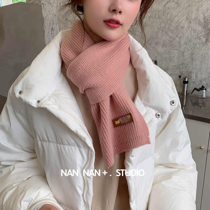 纯色DD字母标短款窄版针织围巾女冬潮时尚百搭情侣毛线小围脖