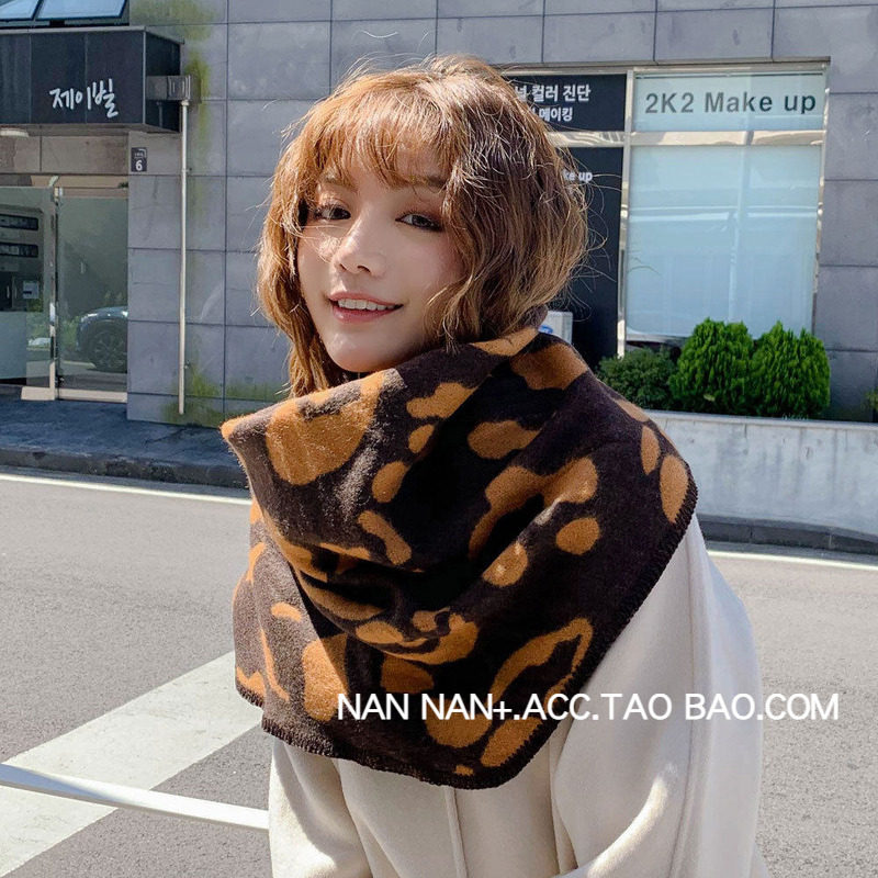 韩版豹纹印花大菱形针织围巾披风女秋冬长款大披肩气质围脖双面潮