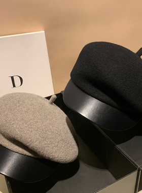 英伦复古羊毛黑色文艺贝雷帽女秋冬季显脸小鸭舌帽百搭皮檐八角帽