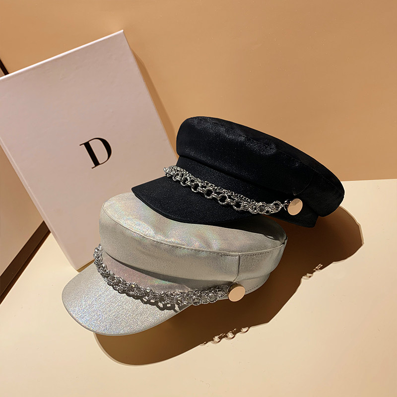 帽子女韩版潮金属链条鸭舌女春秋百搭贝雷帽网红PU八角帽夏