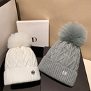 真狐狸毛球毛线帽秋冬季 针织女百搭保暖套头护耳帽子 加绒加厚韩版