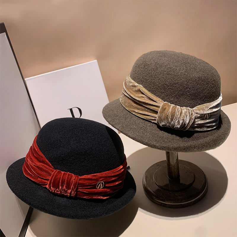 法式羊毛卷边麦穗渔夫帽女秋冬韩版优雅丝绒蝴蝶结千金风名媛礼帽