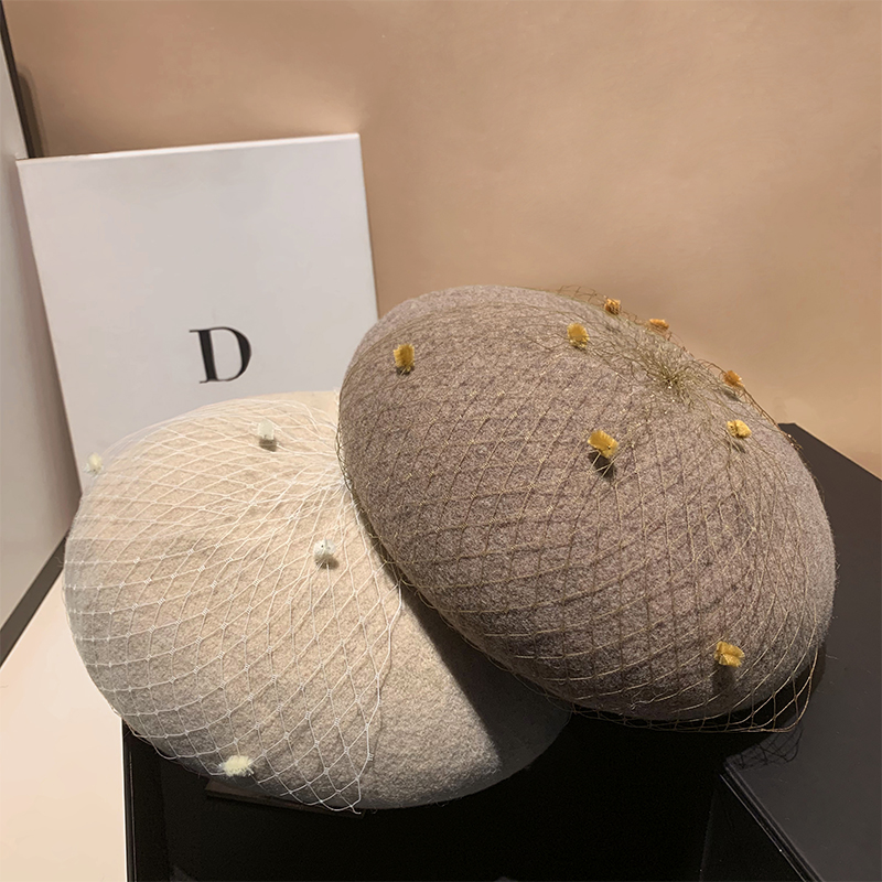 设计师款手工网纱羊毛贝雷帽女秋冬季保暖蓓蕾帽百搭时尚画家帽潮