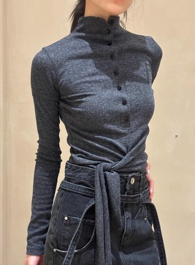 low classic设计师款半高领系带打结设计感弹力修身长袖T恤上衣女