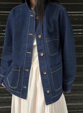 2024秋季新款设计师品牌复古牛仔斜纹蓝染棉布短夹克通勤外套女士