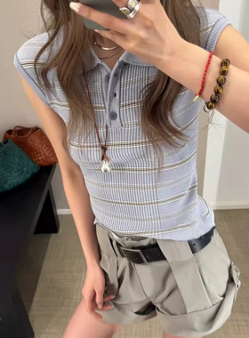 low classic韩国设计师款25夏季新款撞色条纹polo领针织衫短袖T恤