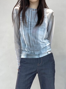 low classic2025春夏新款设计师品牌假两件印花网纱T恤百搭显瘦女