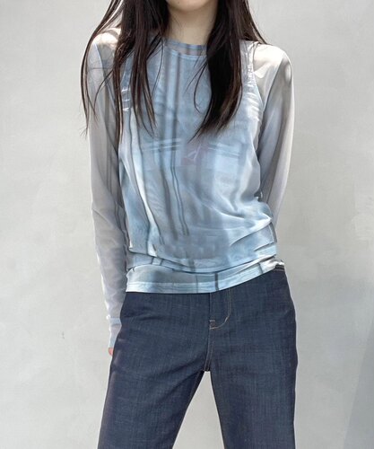 lowclassic假两件印花网纱T恤