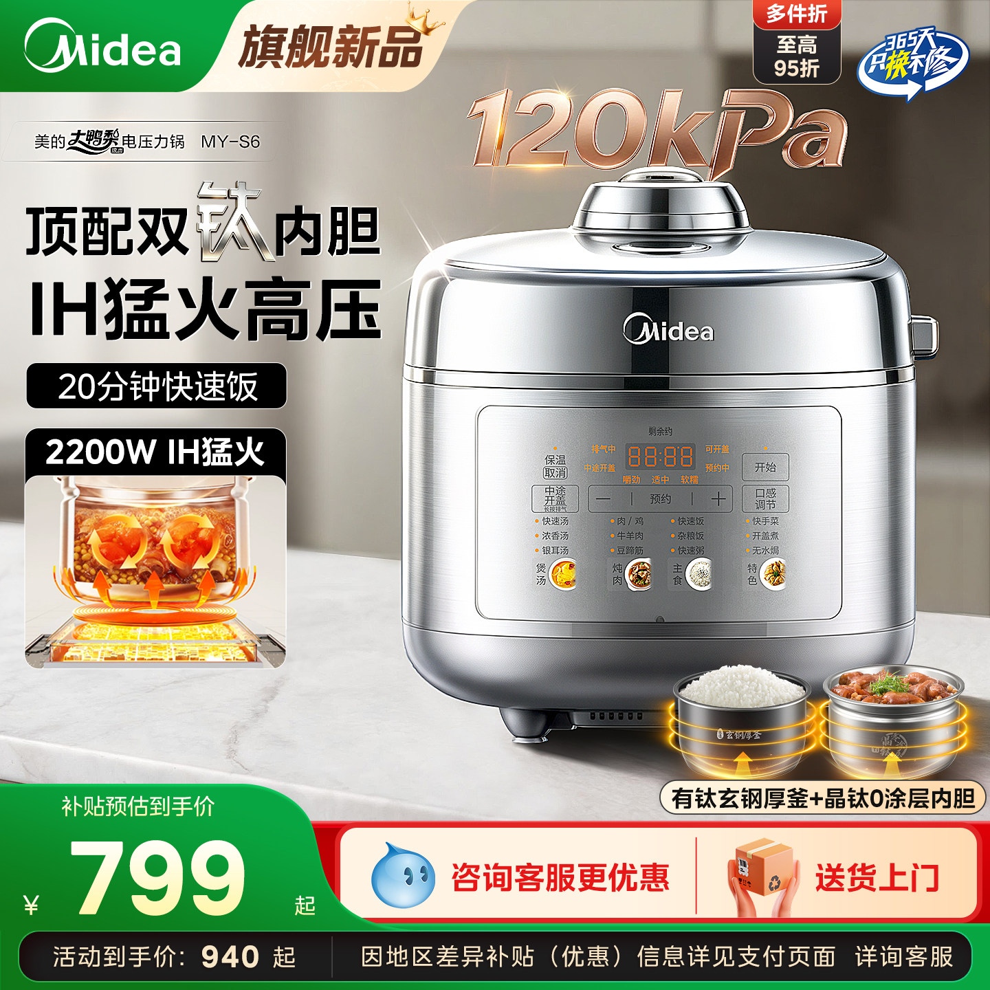 美的大鸭梨电压力锅S6晶钛0涂层IH加热120KPA高压饭煲2026新款