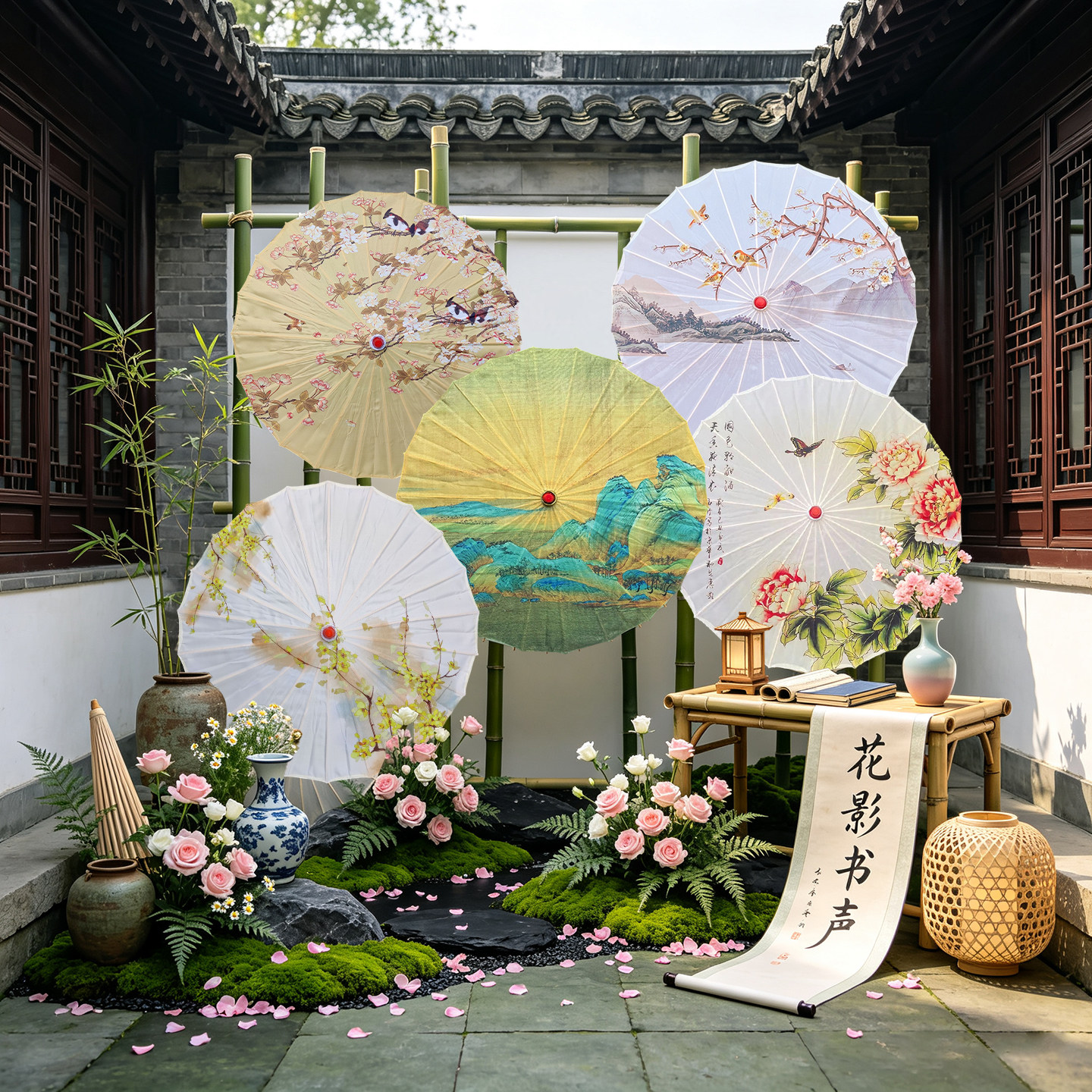 国风中式美陈布置装饰油纸伞古风店铺橱窗中国风花艺书法摄影装饰