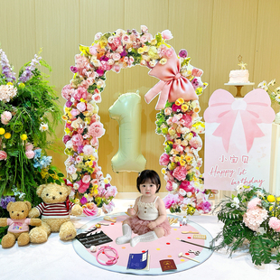 韩式女宝宝抓周用品周岁礼过葱门儿童拍照装饰花环背景墙租赁花艺