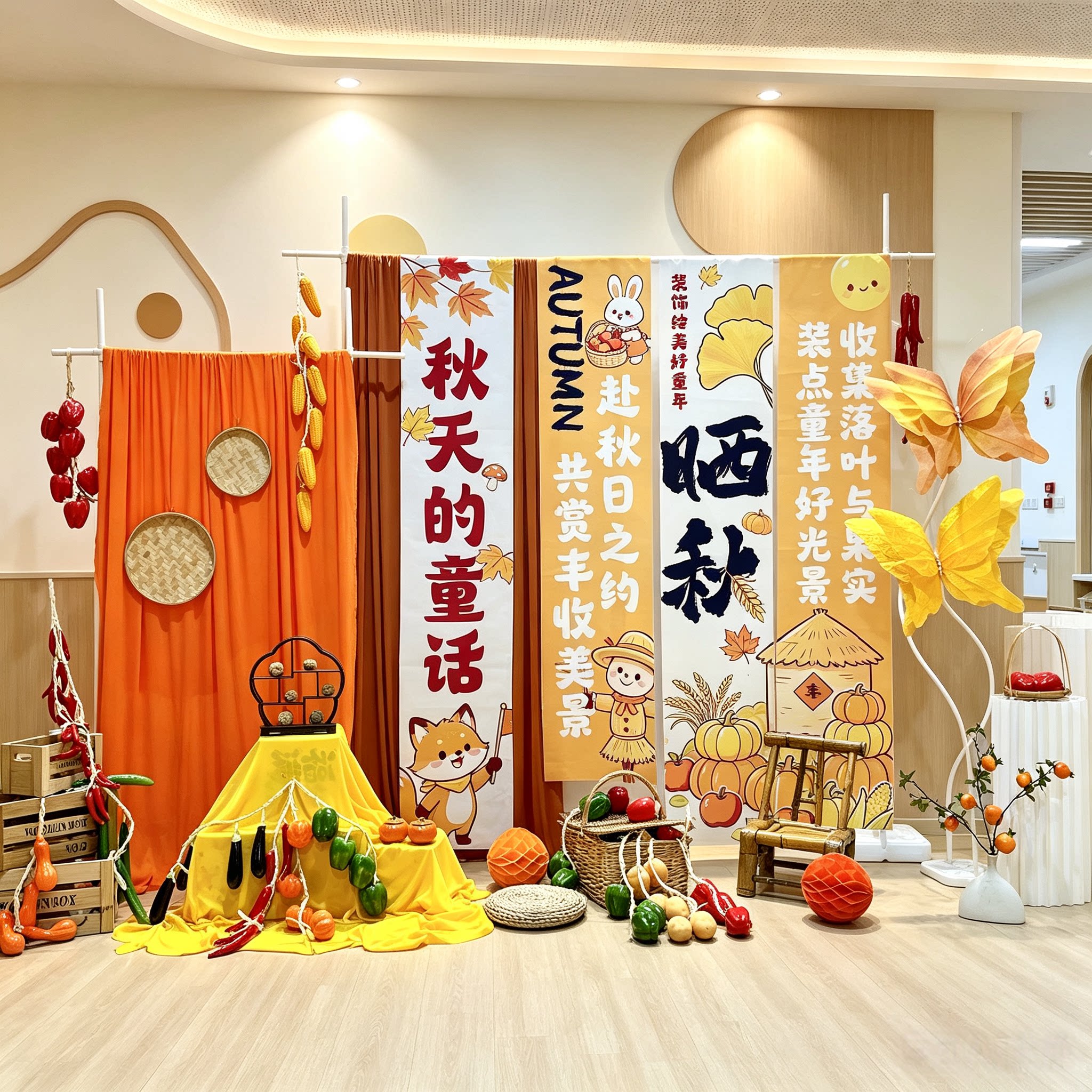 秋天卡通写真背景布幼儿园教室图片