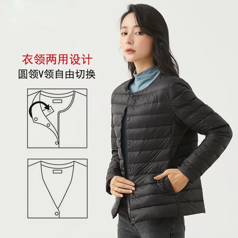 202新款轻薄圆领v领两用羽绒服女保暖内胆短款大码修身冬无领外套