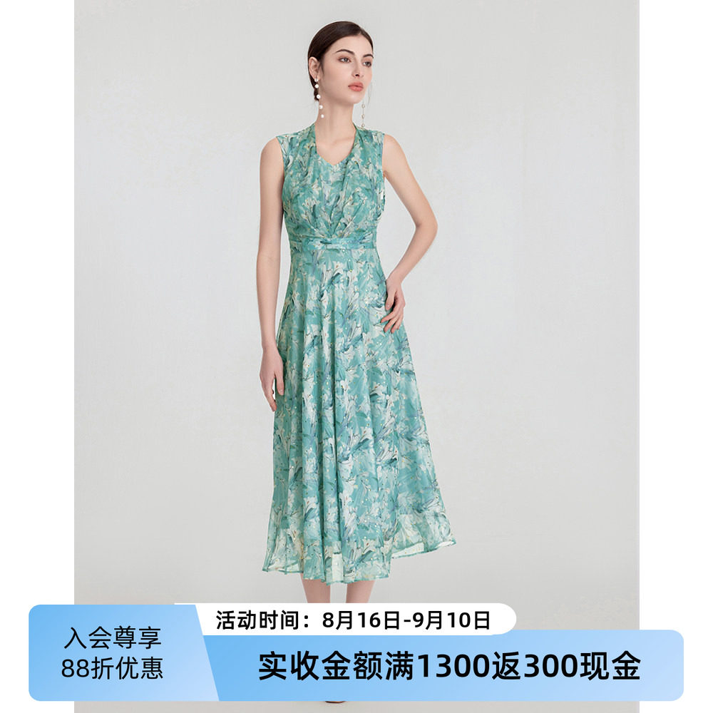 司歌后背绑带印花连衣裙女夏季图片