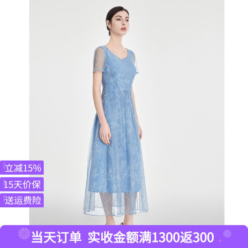 司歌圆领短袖仙气长连衣裙收腰A891029X