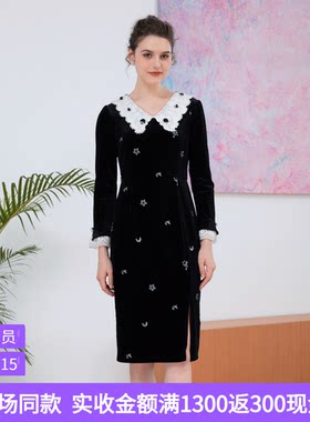 司歌甜美减龄金丝绒刺绣连衣裙