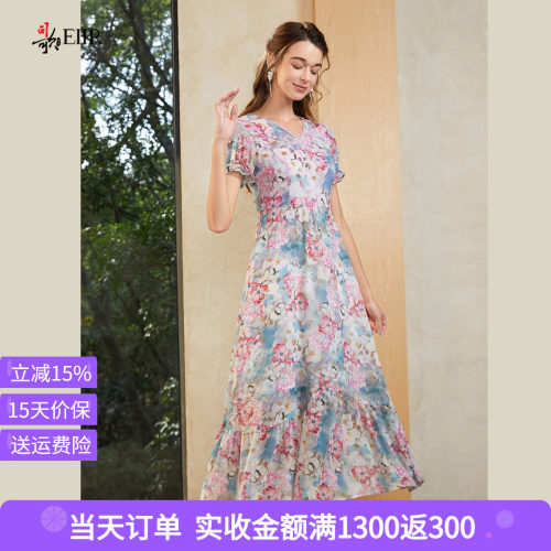 司歌度假风印花短袖连衣裙女夏