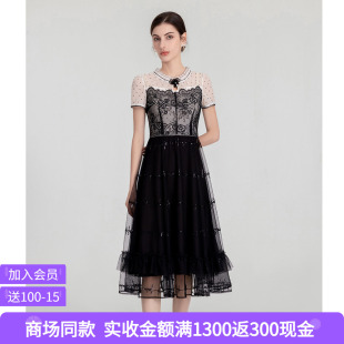 司歌 蕾丝拼接短袖连衣裙女夏季假两件中长款修身A字裙A891043X