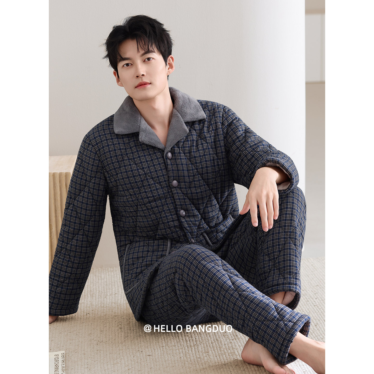 睡衣男士冬季梭织夹棉加厚家居服