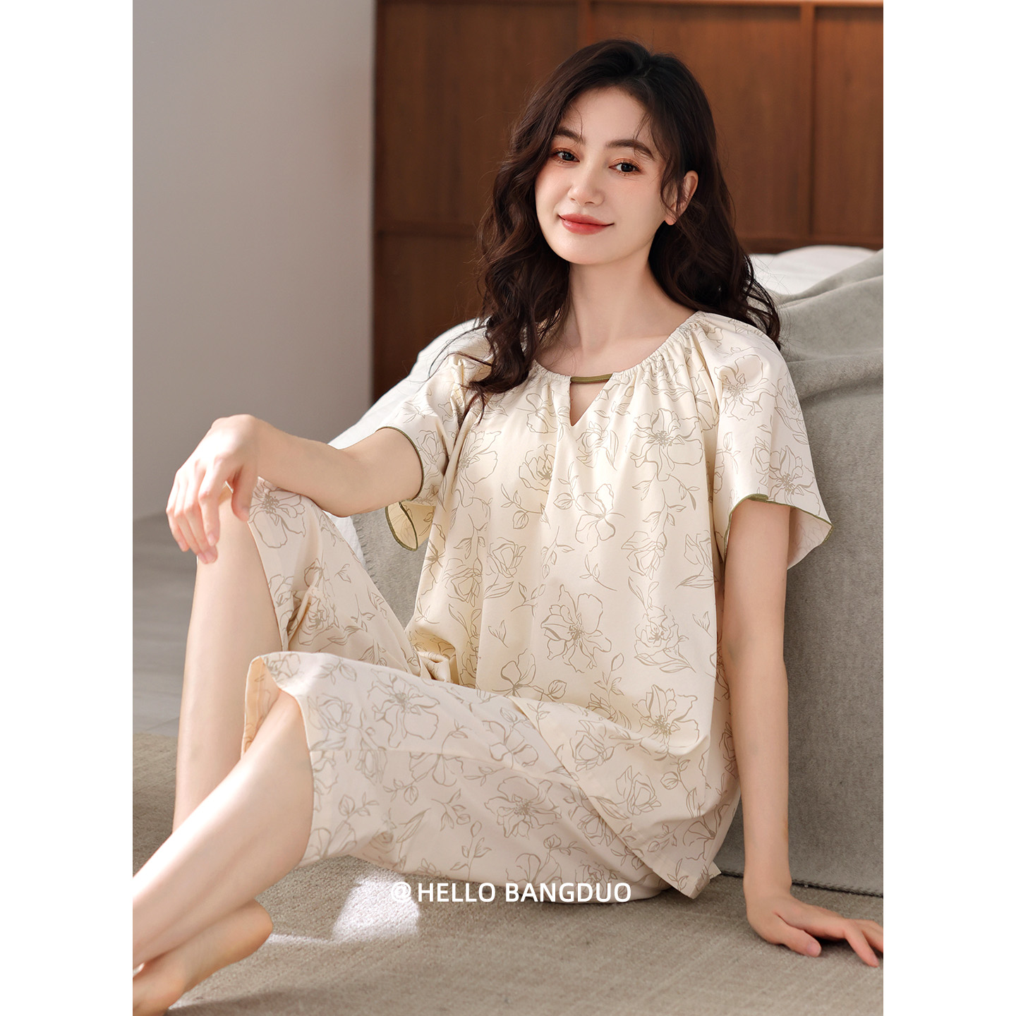 睡衣女夏季纯棉短袖七分裤家居服