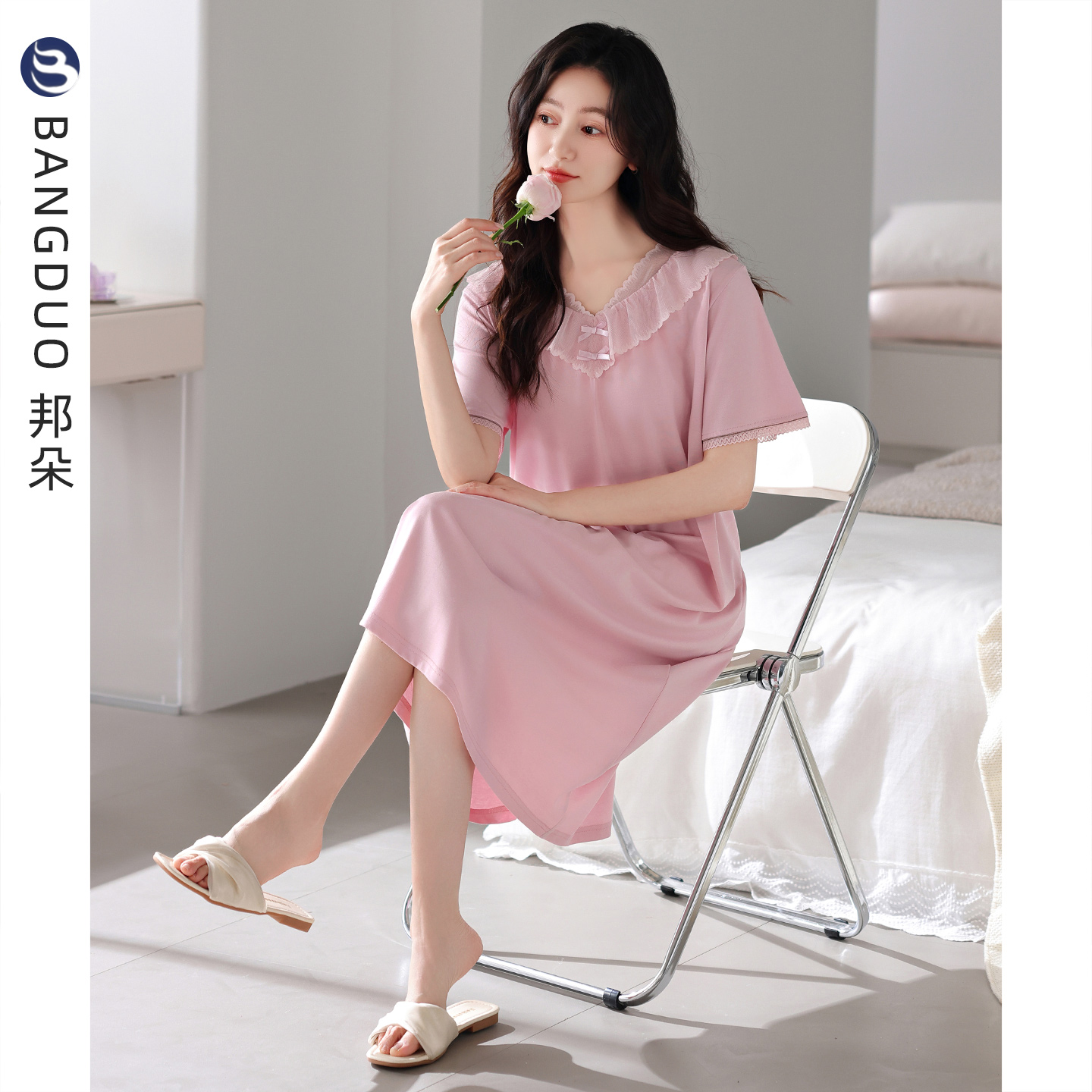 带胸垫睡裙女夏天丝棉短袖连衣裙