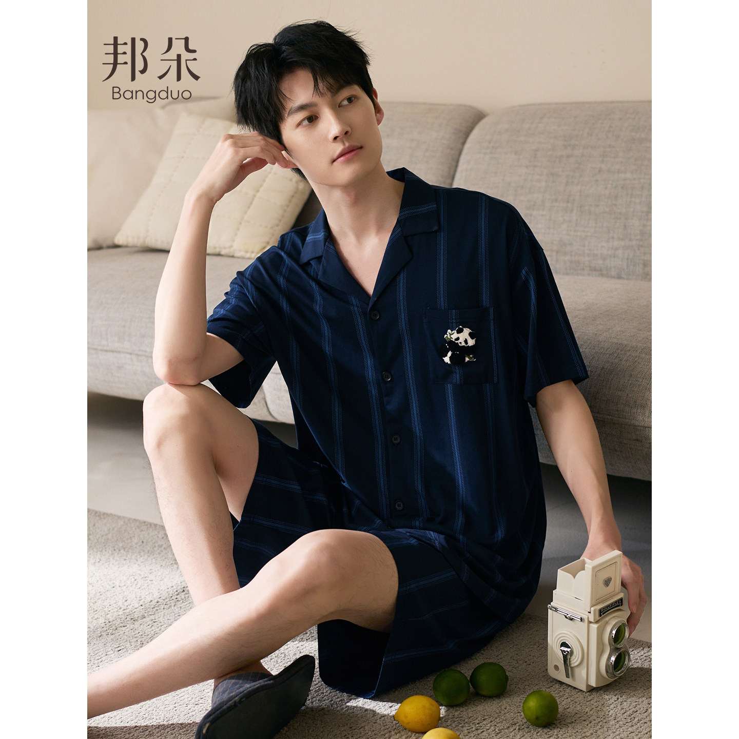 睡衣男夏季纯棉短袖短裤薄款时尚条纹松弛感可外穿半袖家居服套装