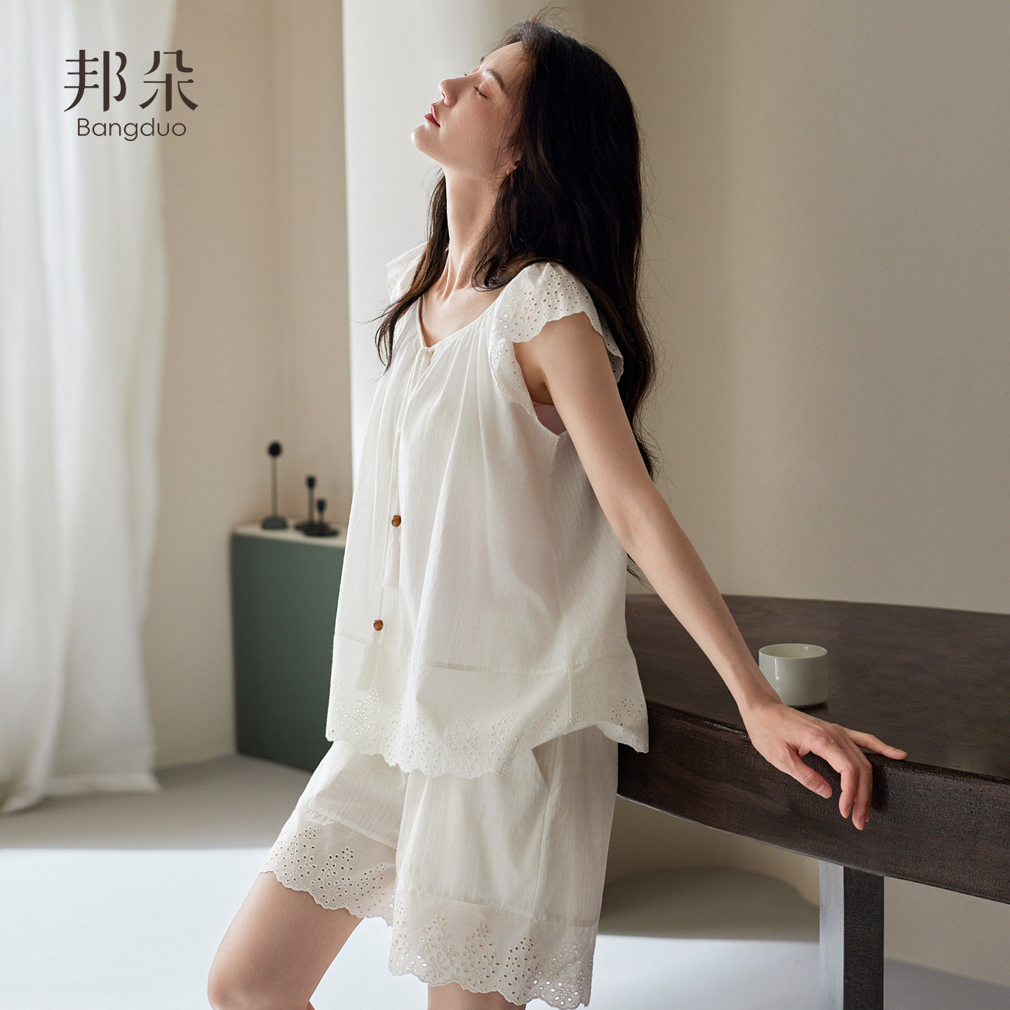 带胸垫睡衣女夏季梭织纯棉短袖短裤薄款休闲可外穿全棉纱布家居服