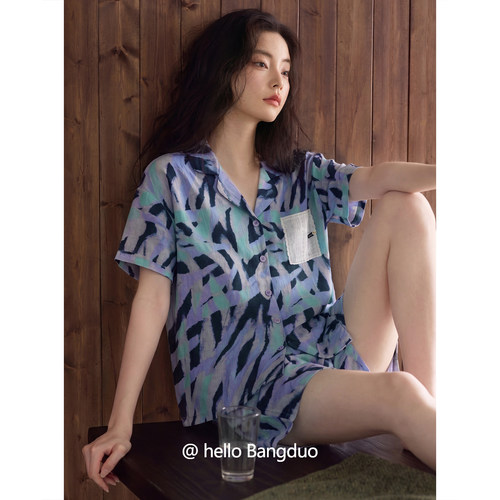 睡衣女夏季梭织棉短袖短裤家居服