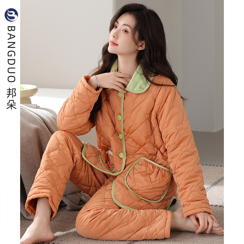 睡衣女士秋冬羽绒夹棉长袖家居服