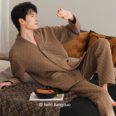 睡衣男士秋冬纯棉夹层长袖家居服