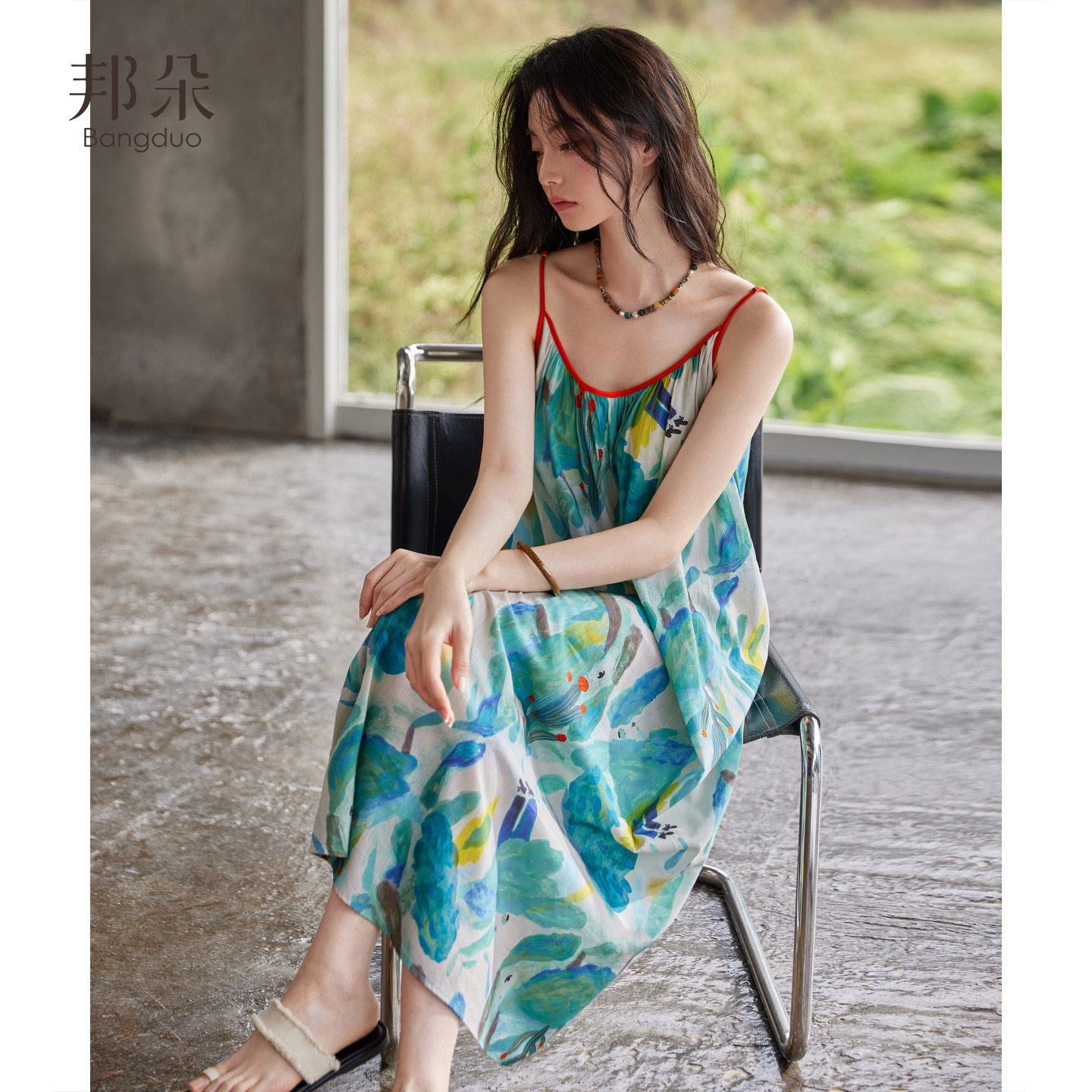 带胸垫吊带睡裙女夏季薄款棉绸中长裙睡衣梭织棉纱布度假风连衣裙