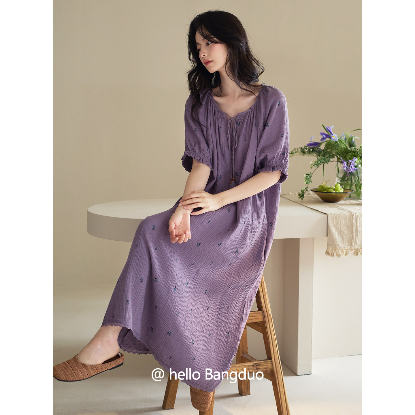 睡裙女士夏季纯棉绉布短袖薄款超长裙睡衣休闲松弛感连衣裙家居服