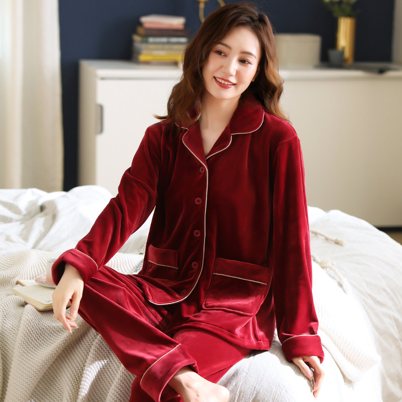睡衣女春秋款珊瑚绒秋冬加厚加绒睡衣/家居服套装