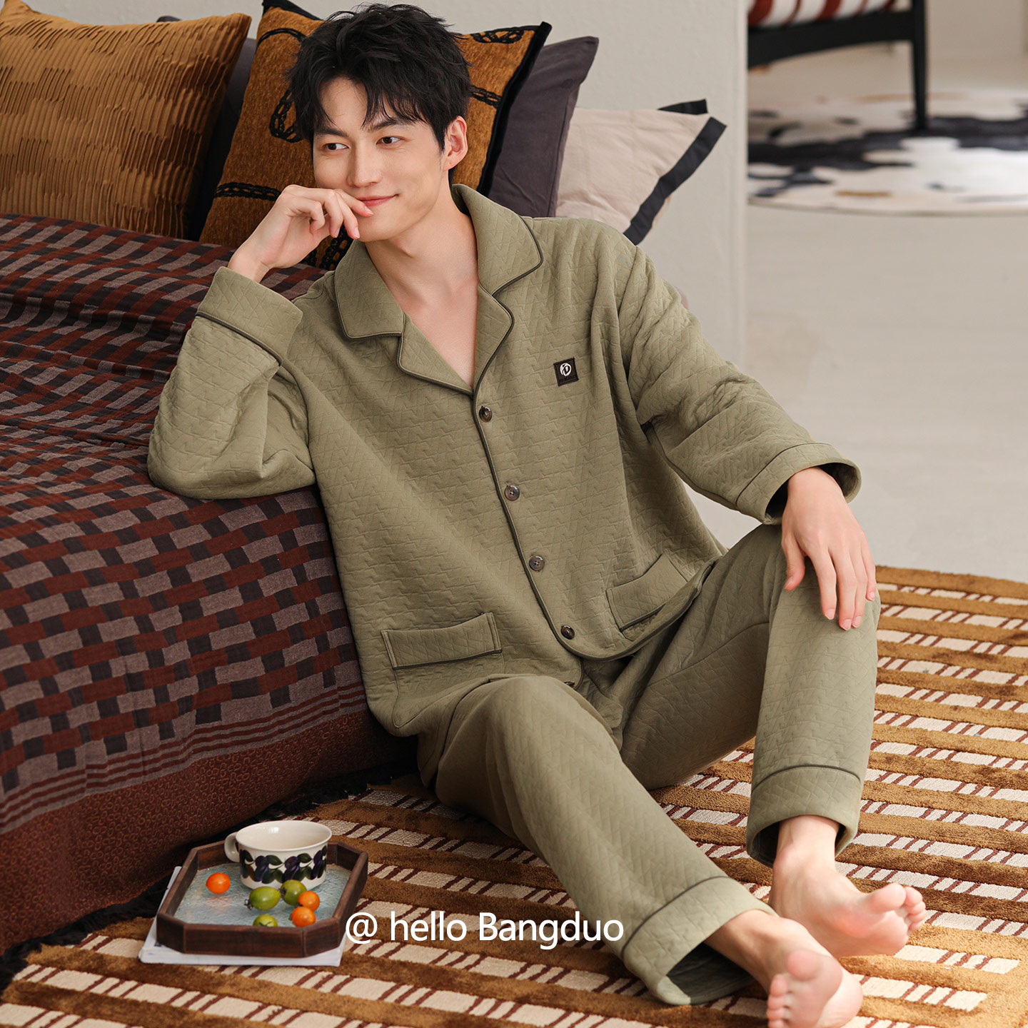 睡衣男秋冬款纯棉夹层加厚家居服