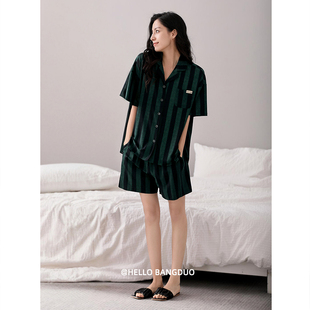 纯棉短袖 薄款 睡衣女士夏季 短裤 家居服 夏天休闲时尚 条纹高级感夏款