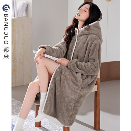 睡袍女冬季珊瑚绒加厚加绒浴袍睡衣女款秋冬法兰绒可外穿长款浴衣