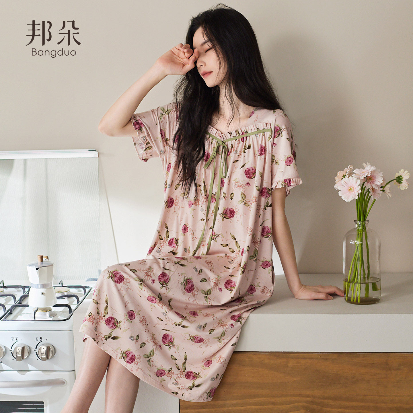 松弛感睡裙女夏季莫代尔短袖薄款中长裙睡衣冰丝妈妈连衣裙家居服