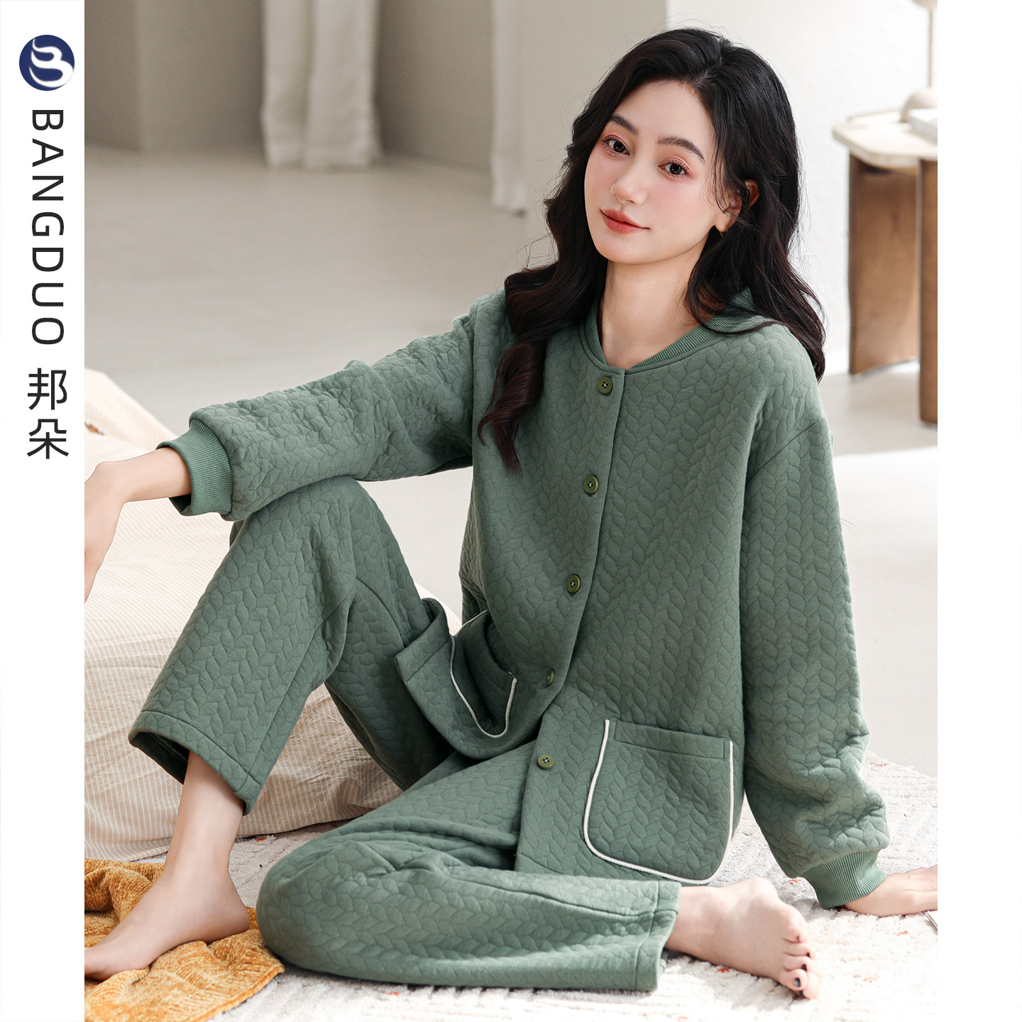 睡衣女士秋冬纯棉夹层长袖家居服