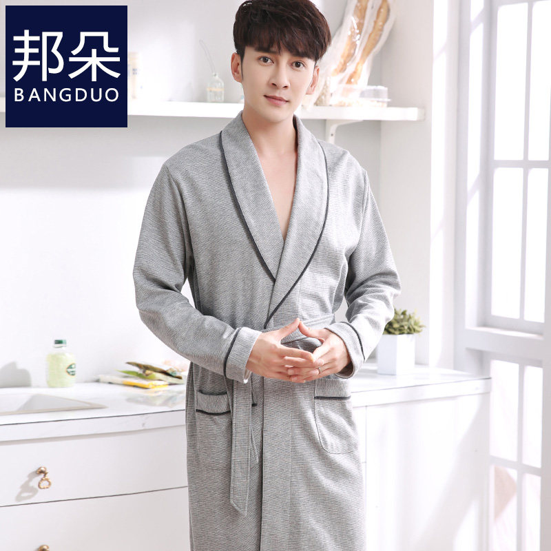 睡袍男长袖纯棉秋季睡衣连体加肥春秋款中年爸爸全棉男士浴衣浴袍