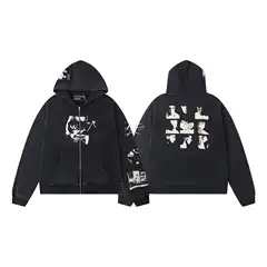 Erd's New Loose Casual Washed Vintage Patchwork Printed Hooded Sweatshirt Zipper Jacket for the Wealthy Second Generation