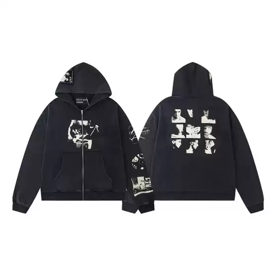 Erd's New Loose Casual Washed Vintage Patchwork Printed Hooded Sweatshirt Zipper Jacket for the Wealthy Second Generation